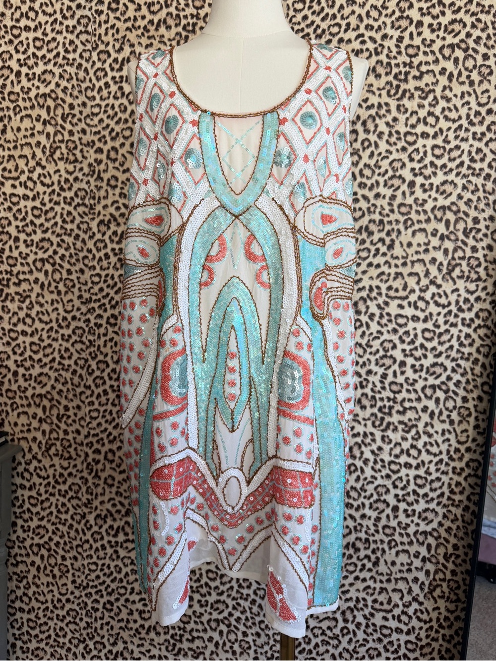 verty Beaded Mini Dress in Mint, Coral, White, and Gold